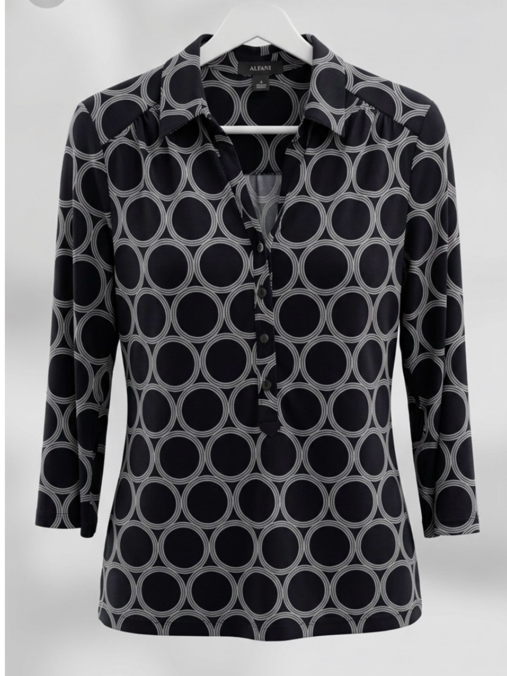 Alfani Geometric Print Tunic Top Career Business Casual Navy Blue Size Small